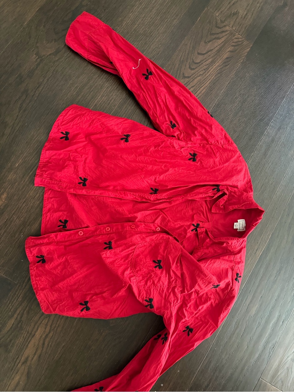 Anthropologie Red Button-Down Shirt with Black Bow Embroidery